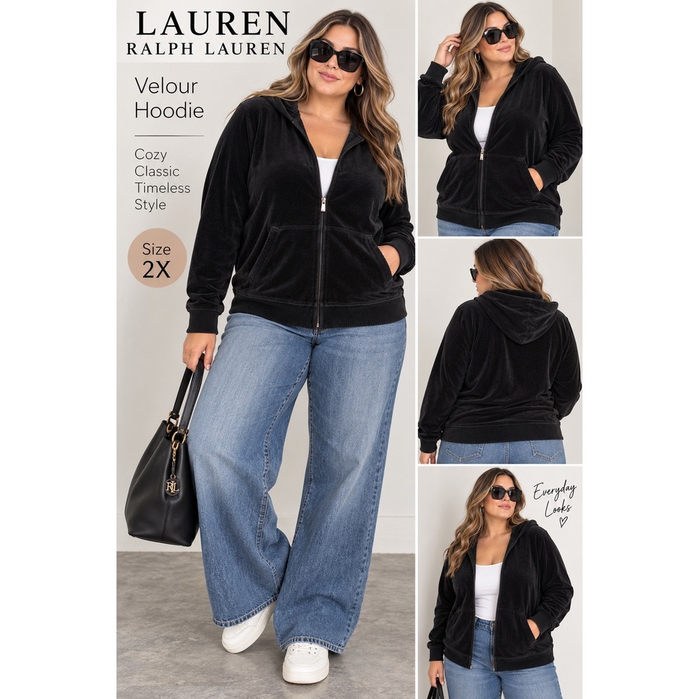 Lauren Ralph Lauren Black Velour Full Zip Hoodie Jacket Plus Size 2X Velvet Y2K